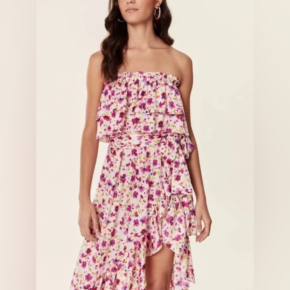 MISA Los Angeles Sabella Strapless Ruffle Tie Waist Midi Dress in Fuchsia Floral - Picture 15 of 16